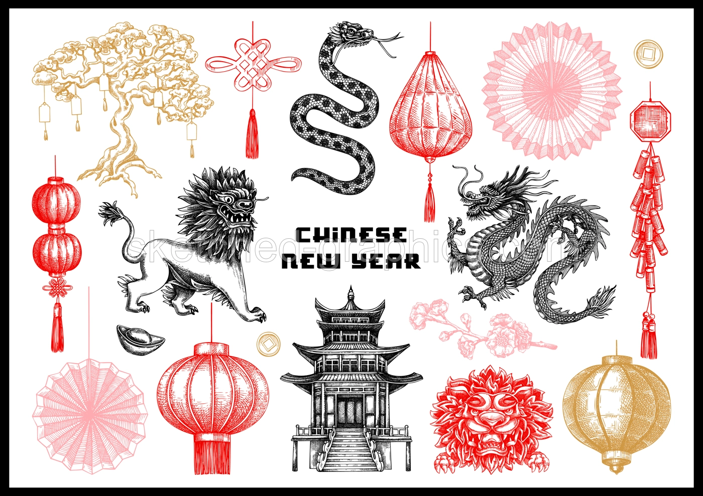 Chinese New Year decoration in sketch style. China sketches. Hand-drawn vector illustrations set. NOT AT generated Illustration